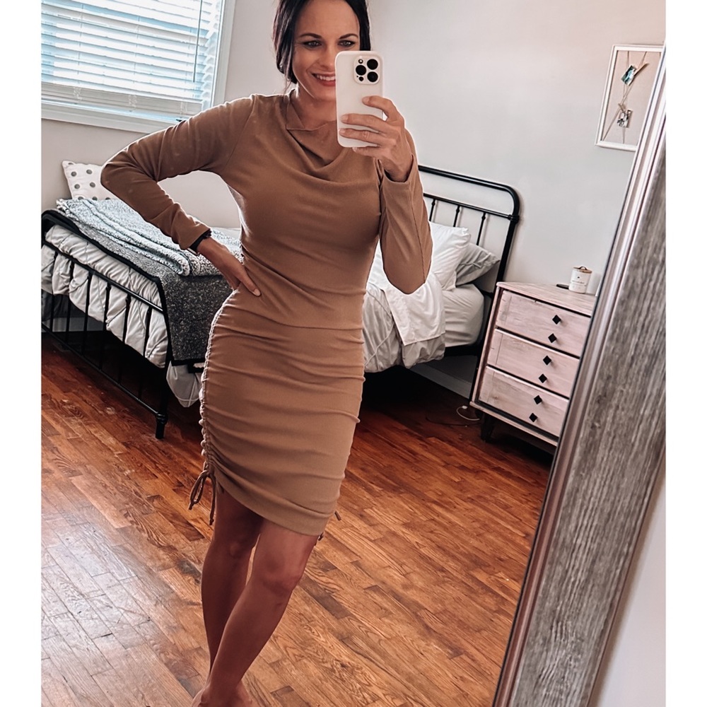 vici mocha ribbed ruched sides dress